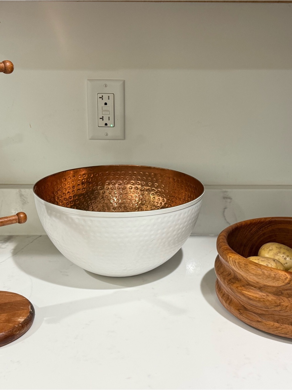 White and Copper Hammered Serving Bowl